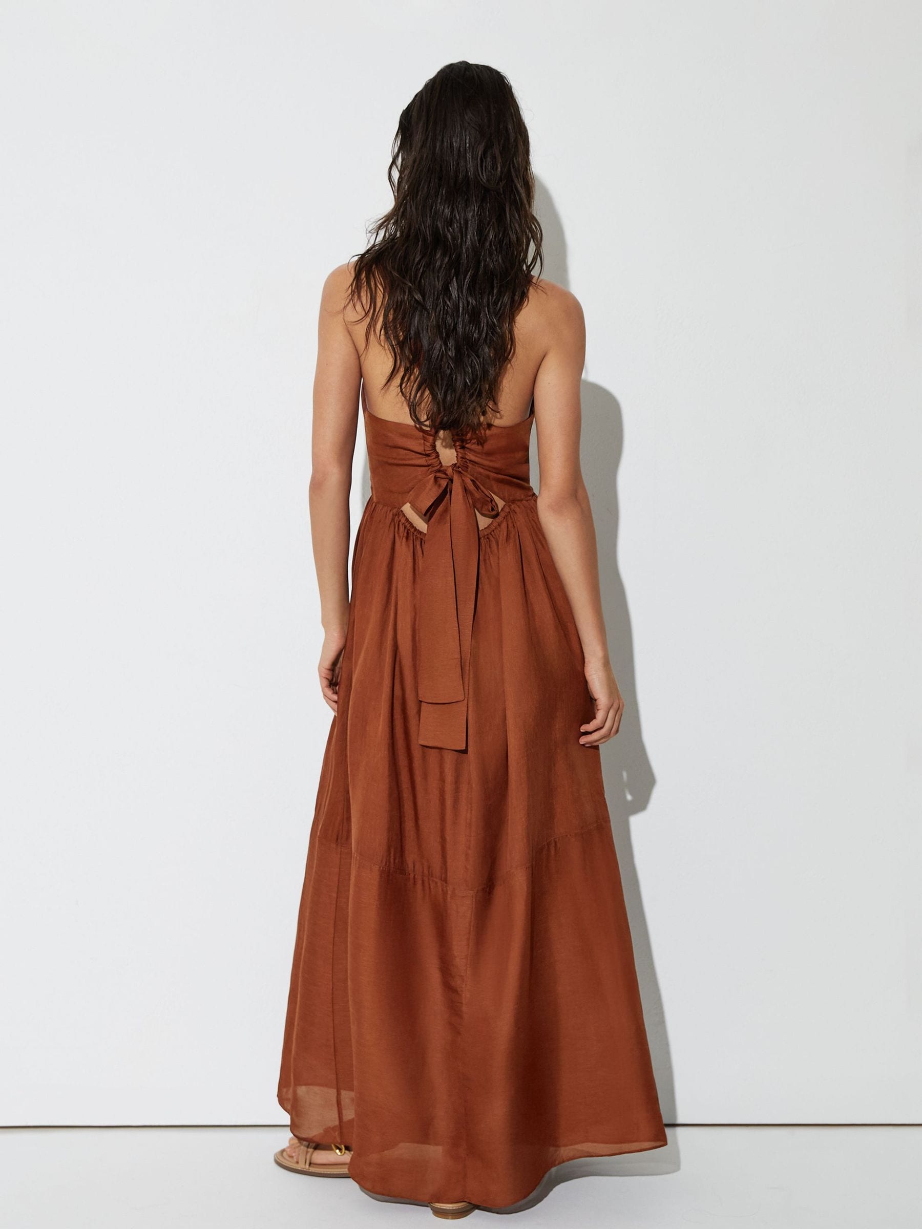 Buy Reiss Toffee Brown Alexia Double-Tie Plunge Maxi Dress with