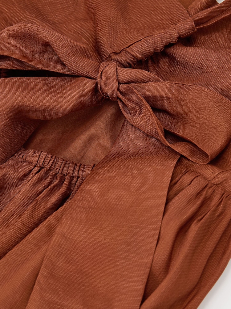 Reiss Toffee Brown Alexia Double-Tie Plunge Maxi Dress with Linen - Image 9 of 9