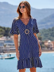 Sosandar Navy Spot Print Hoop Detail Dress - Image 1 of 5