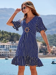 Sosandar Navy Spot Print Hoop Detail Dress - Image 2 of 5