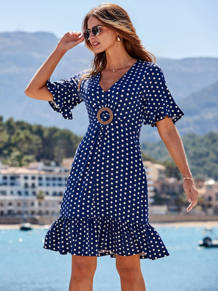 Sosandar Navy Spot Print Hoop Detail Dress - Image 2 of 5