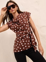 Friends Like These Chocolate Brown Spot Cowl Neck Short Sleeve Tie Side Blouse - Image 1 of 5