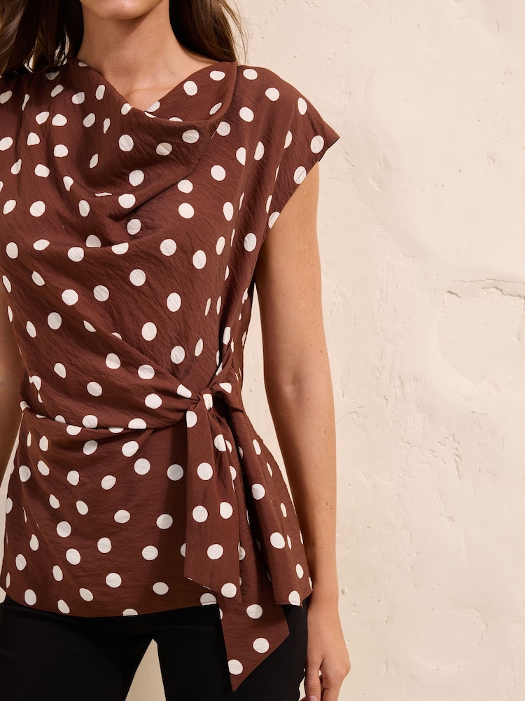 Friends Like These Chocolate Brown Spot Cowl Neck Short Sleeve Tie Side Blouse - Image 2 of 5