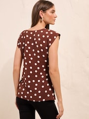 Friends Like These Chocolate Brown Spot Cowl Neck Short Sleeve Tie Side Blouse - Image 5 of 5