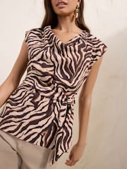 Friends Like These Animal Print Cowl Neck Short Sleeve Tie Side Blouse - Image 1 of 5