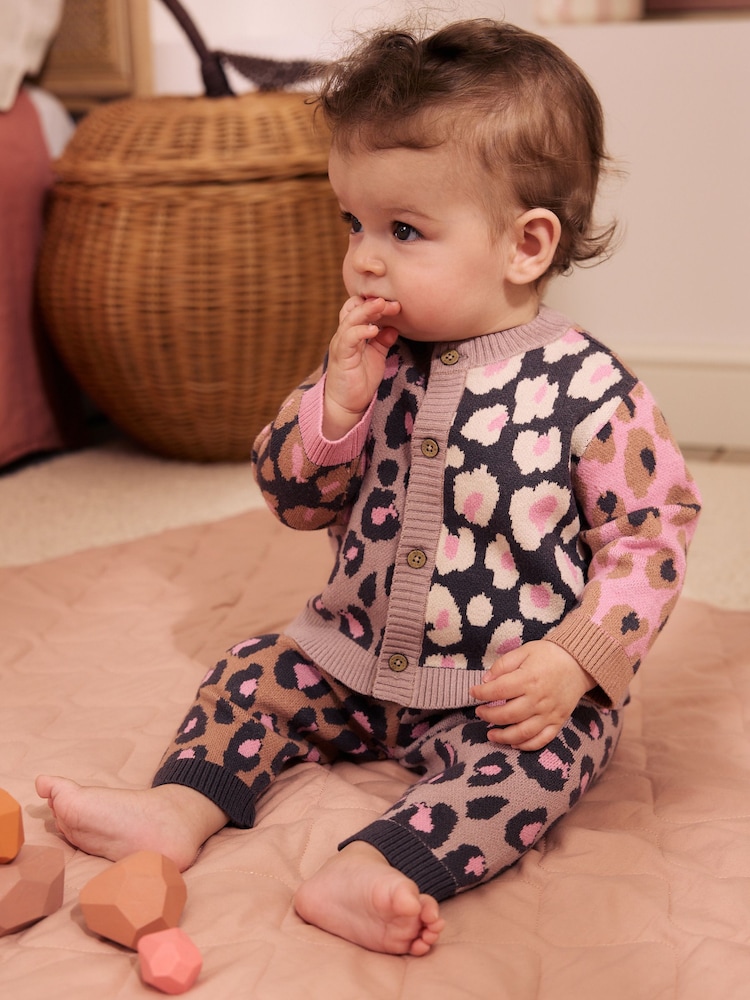 Leopard Knitted Cardigan and Leggings Baby Set 2 Piece (0mths-2yrs) - Image 1 of 14 Leopard Knitted Cardigan and Leggings Baby Set 2 Piece (0mths-2yrs) - Image 1 of 14