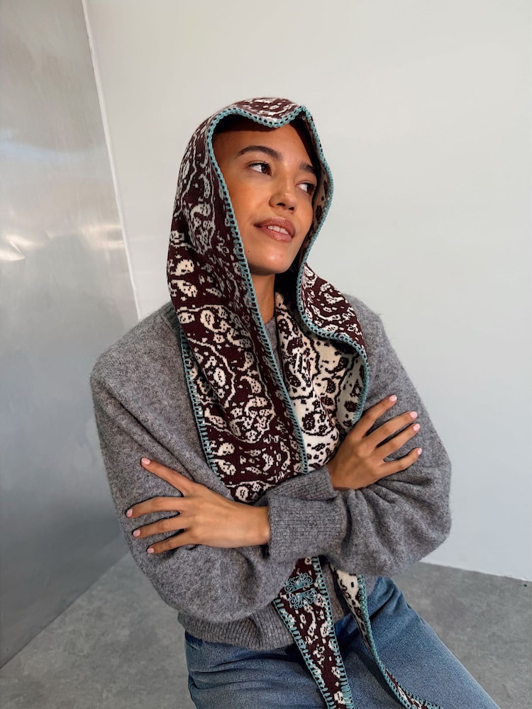 Never Fully Dressed Brown Bandana Knit Hooded Scarf - Image 1 of 3 Never Fully Dressed Brown Bandana Knit Hooded Scarf - Image 1 of 3