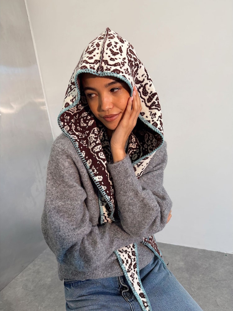 Never Fully Dressed Brown Bandana Knit Hooded Scarf - Image 2 of 3 Never Fully Dressed Brown Bandana Knit Hooded Scarf - Image 2 of 3