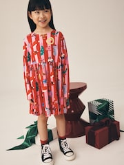 פסים בורוד/אדום - Jersey Long Sleeve Dress (3-16yrs) - תמונה 2 מתוך 3