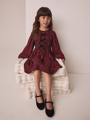 Red and Black Heart Bow Detail Long Sleeve Dress (3-16yrs) - Image 2 of 4