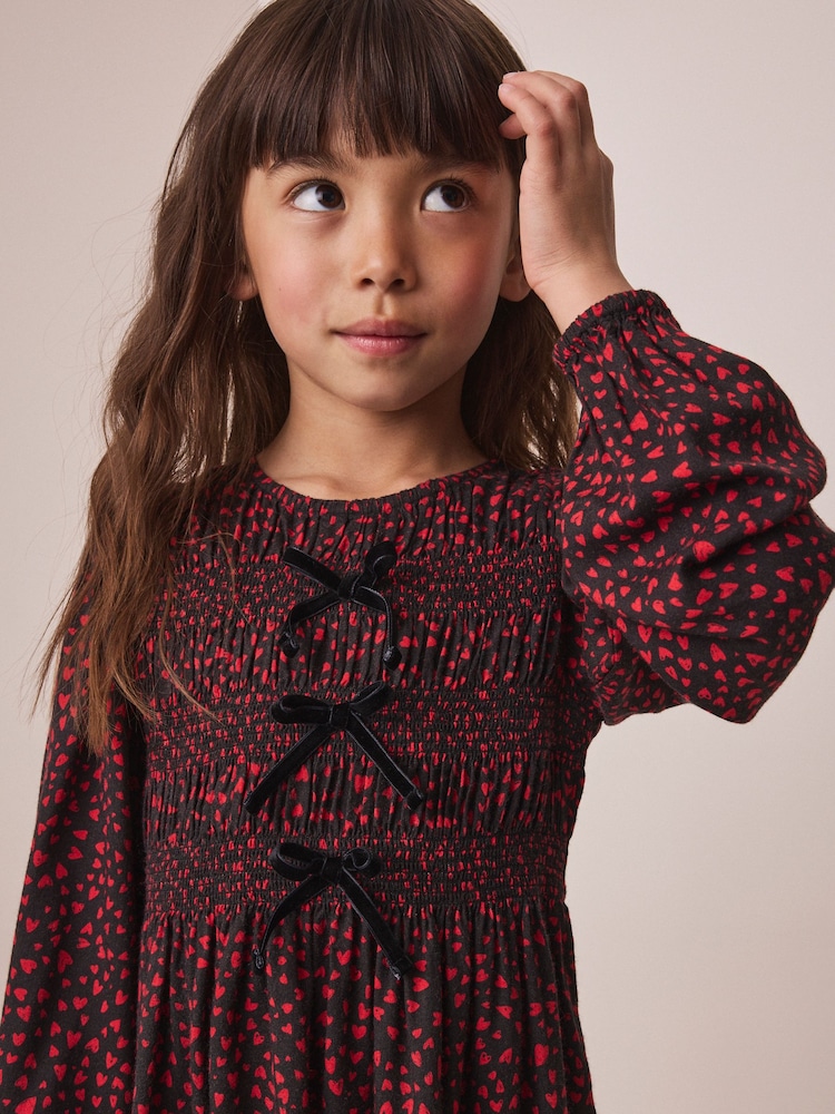 Red and Black Heart Bow Detail Long Sleeve Dress (3-16yrs) - Image 4 of 4