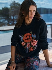 Negru/multicolor cu model floral - Pulover tricotat cu mânecă lungă, guler rotund și imprimeu de lână - Imaginea 1 din 7
