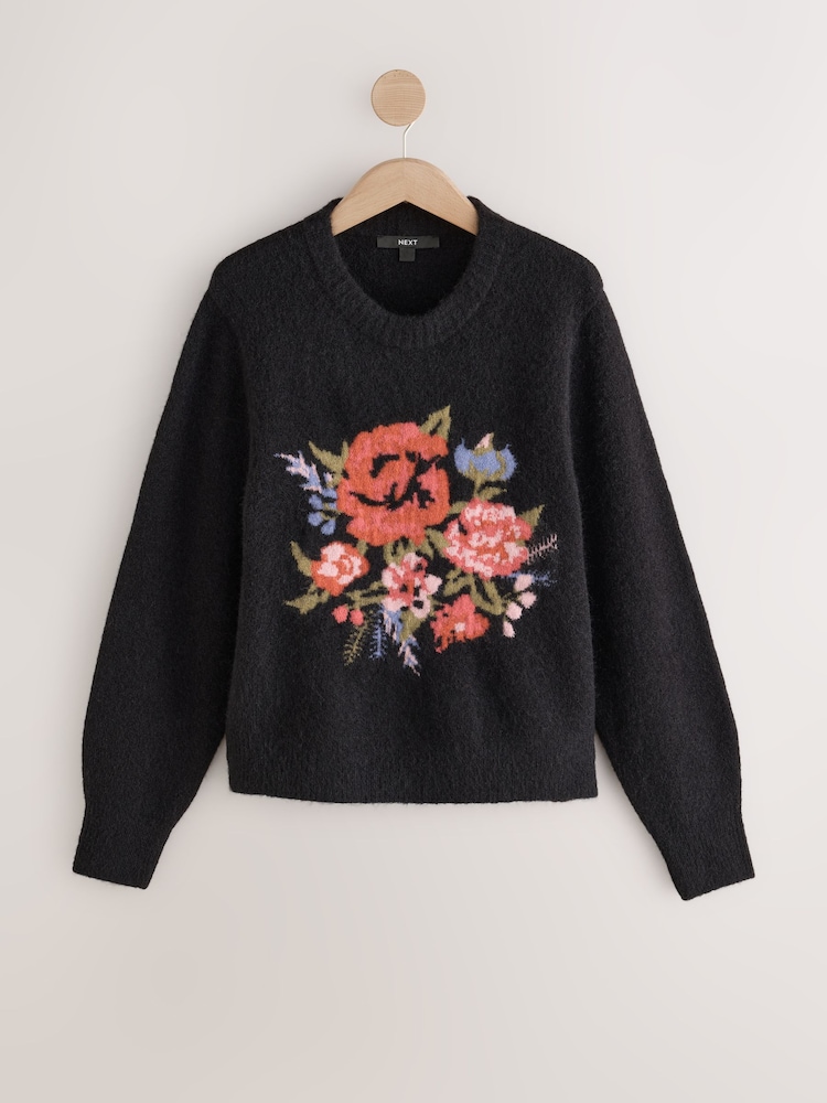 Negru/multicolor cu model floral - Pulover tricotat cu mânecă lungă, guler rotund și imprimeu de lână - Imaginea 1 din 7
