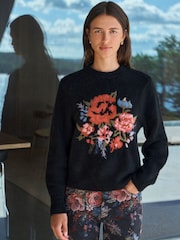 Negru/multicolor cu model floral - Pulover tricotat cu mânecă lungă, guler rotund și imprimeu de lână - Imaginea 3 din 7