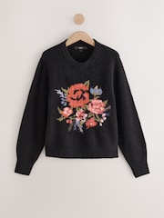 Negru/multicolor cu model floral - Pulover tricotat cu mânecă lungă, guler rotund și imprimeu de lână - Imaginea 5 din 7