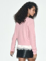 Pink Gem Button Long Sleeve V-Neck Rib Cardigan With Wool - Image 3 of 4