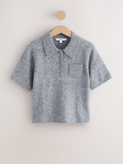 אפור - Short Sleeve Knitted Polo Top With Wool - תמונה 1 מתוך 3
