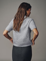 Grey Short Sleeve Knitted Polo Top With Wool - Image 5 of 9