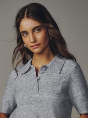 Grey Short Sleeve Knitted Polo Top With Wool - Image 6 of 9