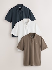 Navy/Brown/White Short Sleeve Pique Polo Shirts 3 Pack - Image 1 of 9