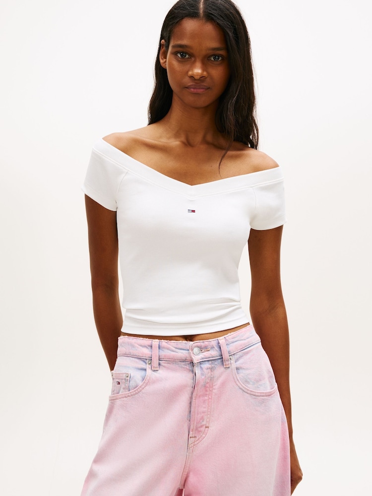 Tommy Jeans Natural Off The Shoulder Ribbed Slim Top - Image 1 of 5
