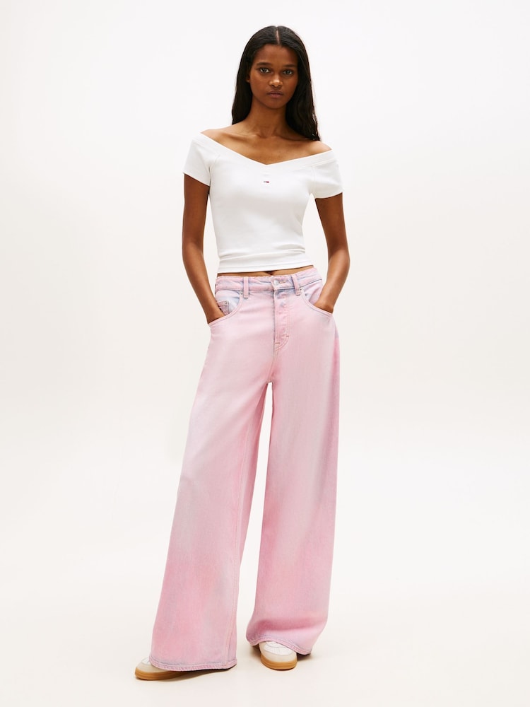 Tommy Jeans Natural Off The Shoulder Ribbed Slim Top - Image 2 of 5