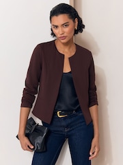Lipsy Chocolate Brown Cropped Collarless Jersey Blazer - Image 1 of 4