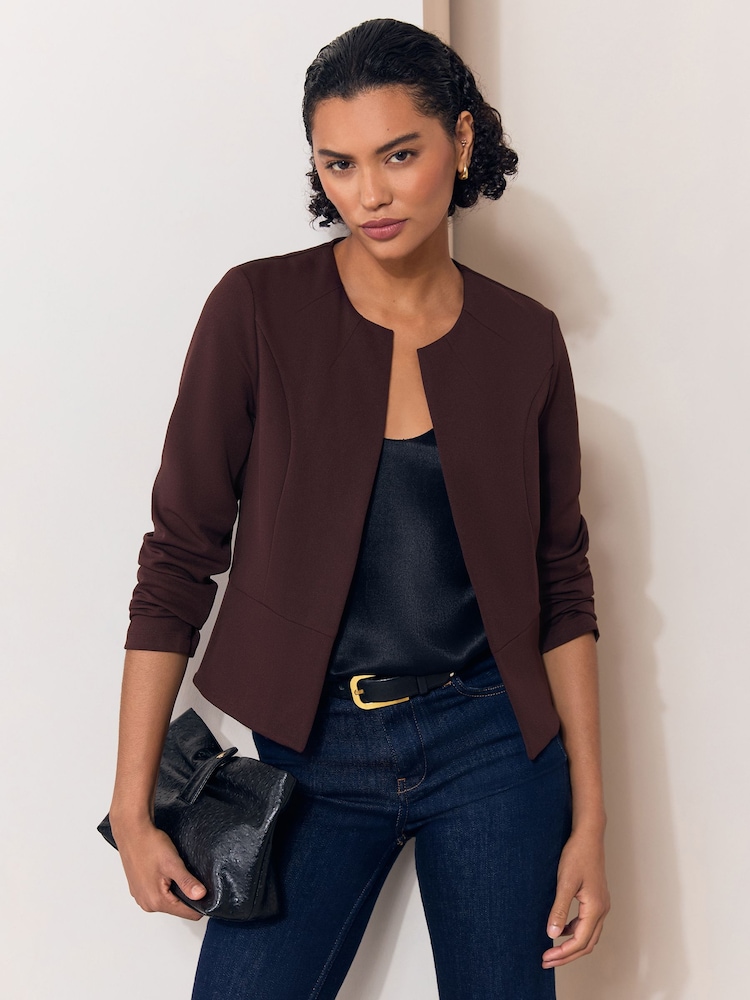 Lipsy Chocolate Brown Cropped Collarless Jersey Blazer - Image 1 of 4