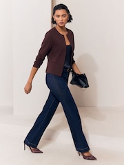 Lipsy Chocolate Brown Cropped Collarless Jersey Blazer - Image 3 of 4