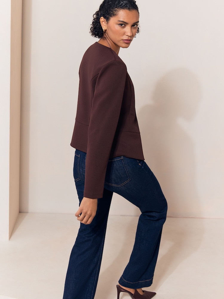 Lipsy Chocolate Brown Cropped Collarless Jersey Blazer - Image 4 of 4