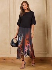 Love & Roses Black Woven Animal Print Knitted 2 in 1 Slash Neck Midi Dress - Image 1 of 4