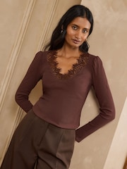 Love & Roses Chocolate Brown Long Sleeve Lace V-Neck Ribbed Jersey Top - Image 1 of 4