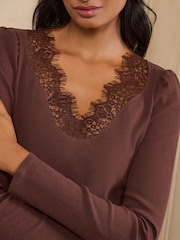 Love & Roses Chocolate Brown Long Sleeve Lace V-Neck Ribbed Jersey Top - Image 2 of 4