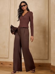 Love & Roses Chocolate Brown Long Sleeve Lace V-Neck Ribbed Jersey Top - Image 3 of 4