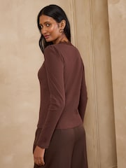 Love & Roses Chocolate Brown Long Sleeve Lace V-Neck Ribbed Jersey Top - Image 4 of 4