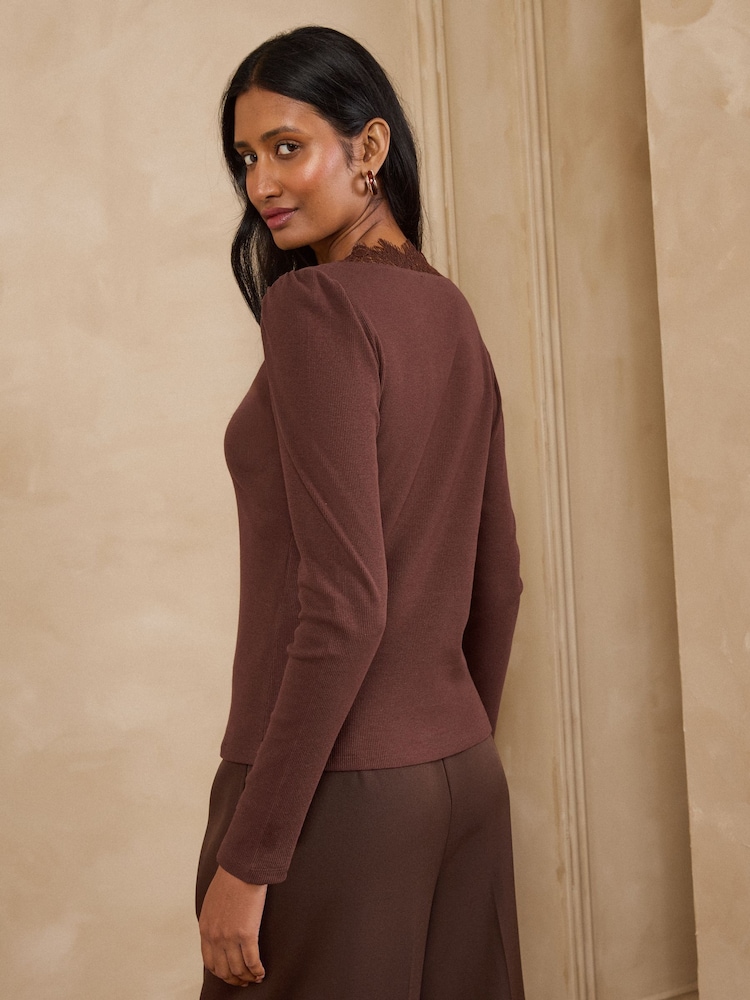 Love & Roses Chocolate Brown Long Sleeve Lace V-Neck Ribbed Jersey Top - Image 4 of 4
