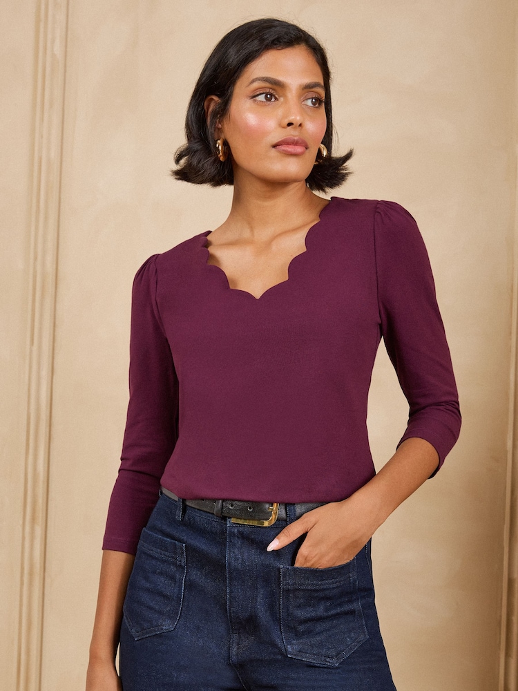 Love & Roses Burgundy Red 3/4 Sleeve Scallop V-Neck Jersey Top - Image 1 of 4 Love & Roses Burgundy Red 3/4 Sleeve Scallop V-Neck Jersey Top - Image 1 of 4