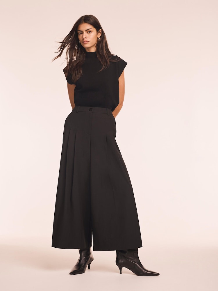 黑色 - Mint Velvet Pleat Detail Crop Wide Trousers - 圖片 2/8