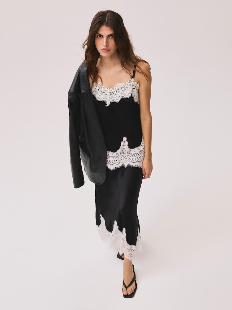 Mint Velvet Black Satin Lace Midi Skirt - Image 2 of 7