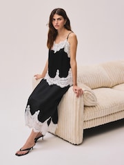 Mint Velvet Black Satin Lace Midi Skirt - Image 5 of 7