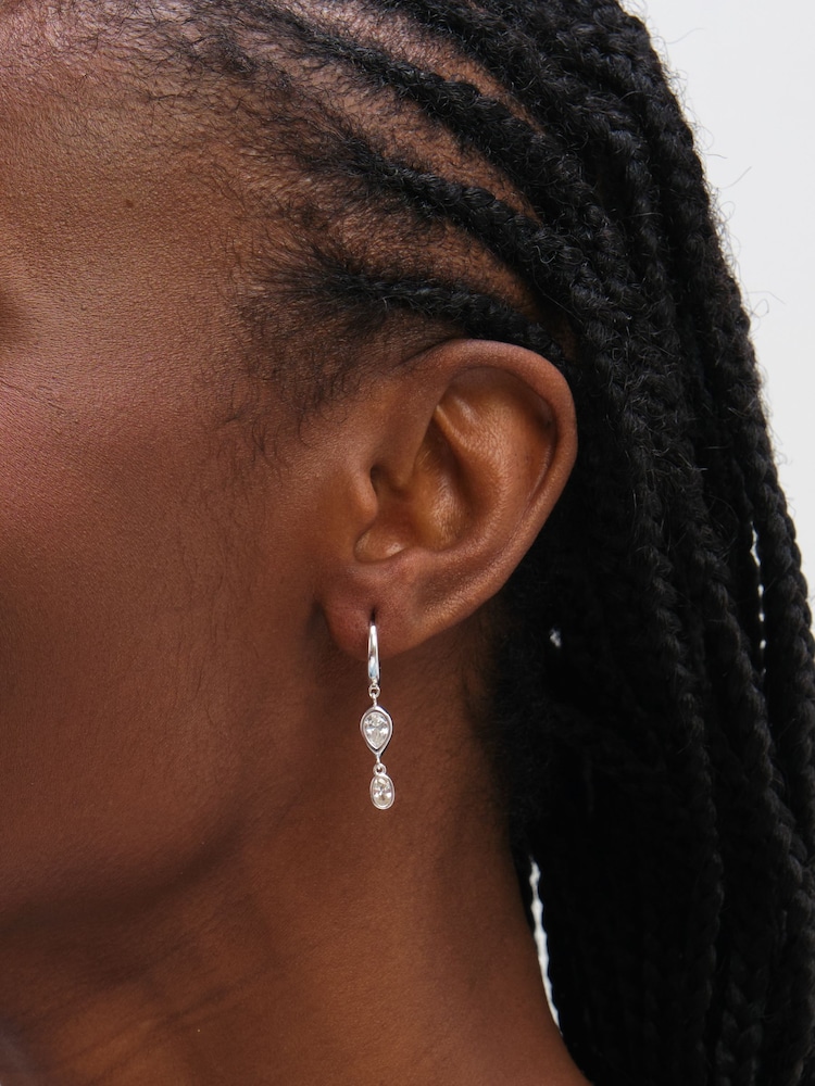 Inicio Silver Tone Cubic Zirconia Bezel Double Drop Charm Hoops Gift Pouch - Image 1 of 3 Inicio Silver Tone Cubic Zirconia Bezel Double Drop Charm Hoops Gift Pouch - Image 1 of 3