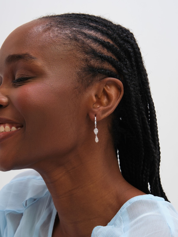 Inicio Silver Tone Cubic Zirconia Bezel Double Drop Charm Hoops Gift Pouch - Image 2 of 3 Inicio Silver Tone Cubic Zirconia Bezel Double Drop Charm Hoops Gift Pouch - Image 2 of 3