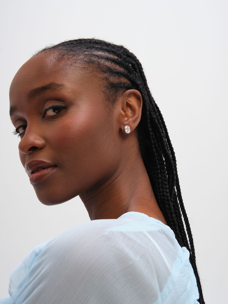 Inicio Silver Tone Oval Cubic Zirconia Bezel Studs Gift Pouch - Image 2 of 3