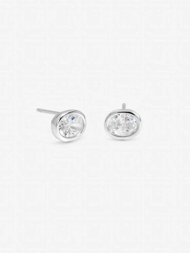 Inicio Silver Tone Oval Cubic Zirconia Bezel Studs Gift Pouch - Image 3 of 3