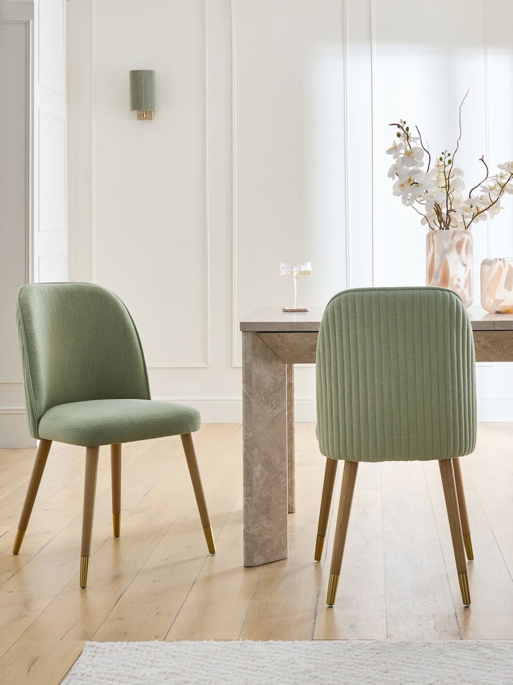 Set of 2 Relaxed Linen Look Light Green/Wood Leg Valencia Upholstered Dining Chairs - Image 1 of 9 Set of 2 Relaxed Linen Look Light Green/Wood Leg Valencia Upholstered Dining Chairs - Image 1 of 9