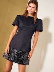 Friends Like These Black Satin Short Sleeve Sequin Hem Mini Dress - Image 1 of 6