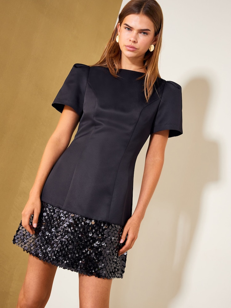 Friends Like These Black Satin Short Sleeve Sequin Hem Mini Dress - Image 1 of 6