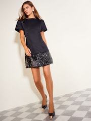 Friends Like These Black Satin Short Sleeve Sequin Hem Mini Dress - Image 3 of 6