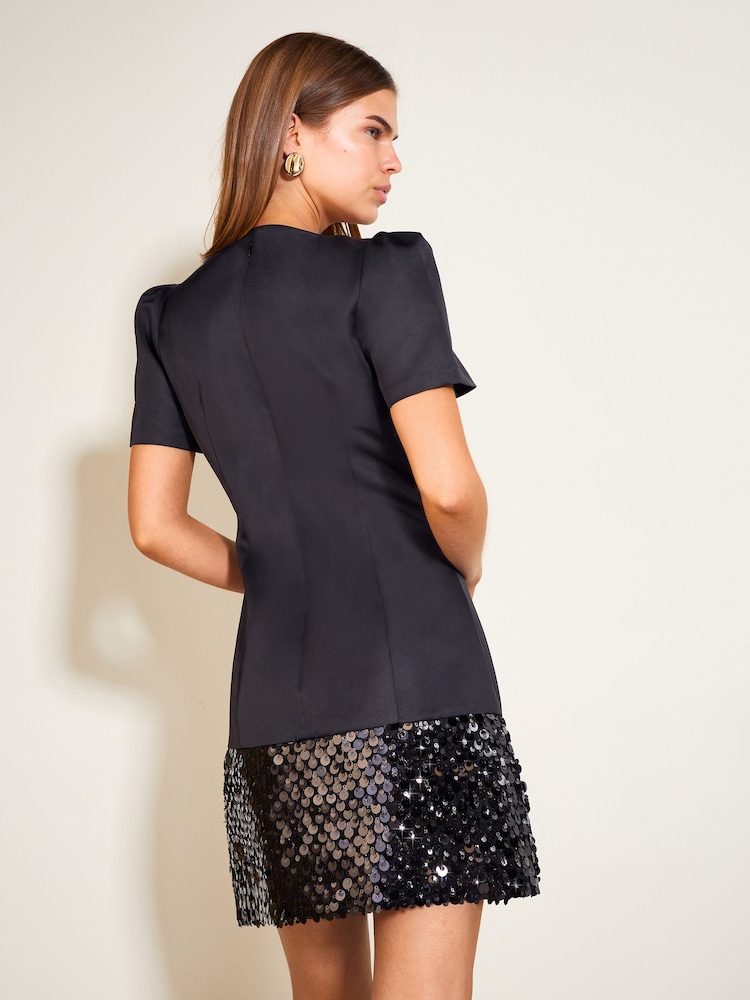 Friends Like These Black Satin Short Sleeve Sequin Hem Mini Dress - Image 6 of 6