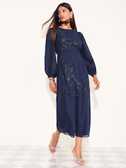Friends Like These Navy Petite Floral Embellished Chiffon Long Sleeve Midi Dress - Image 1 of 5